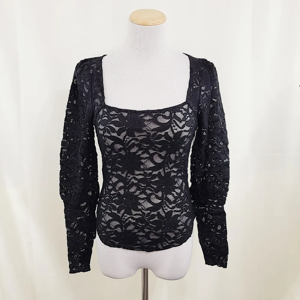 Free People Long Distance Layering top sheer black lace Long Women's Small NEW